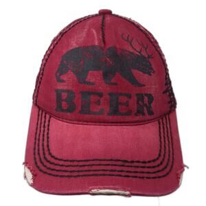 Beer Slideback 5 Panel Cap Red One Size Distressed Vented Holes Cotton KB Ethos